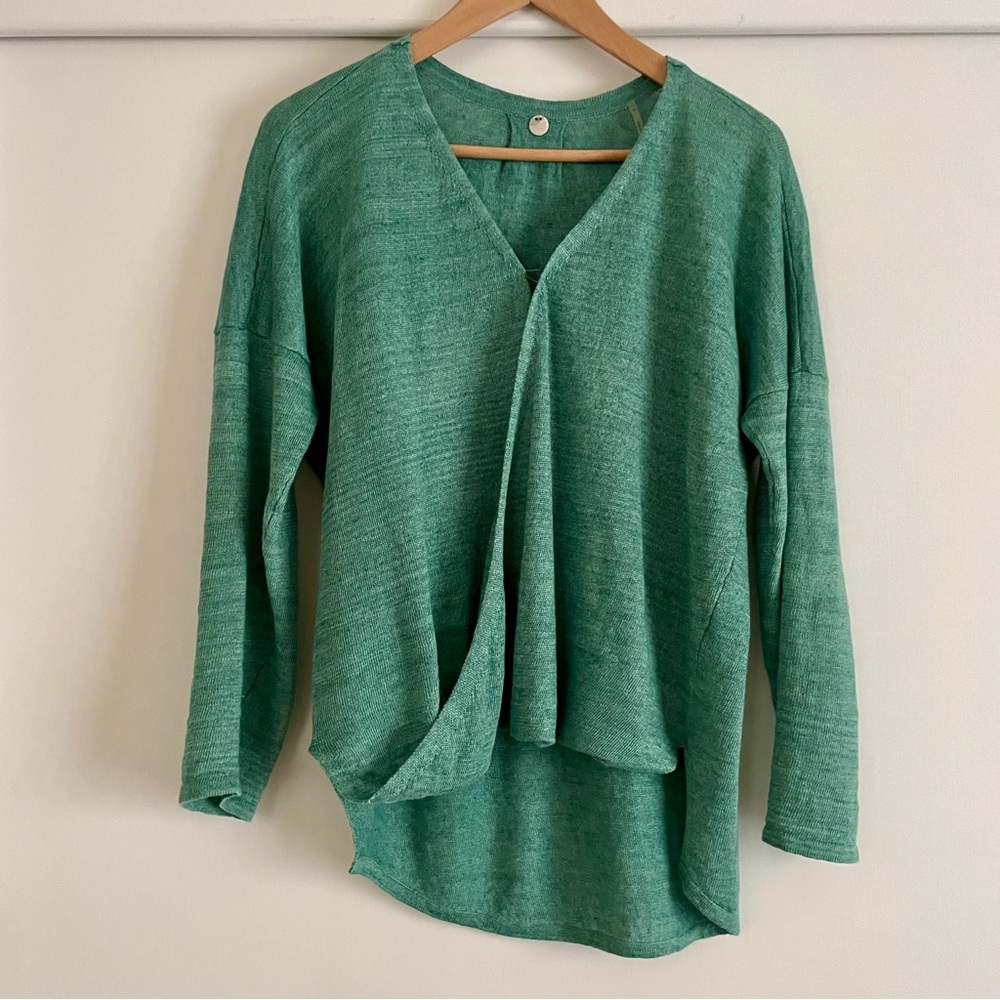 MARGARET O’LEARY 100% Linen Turquoise‎ Overlapping Sweater, XS